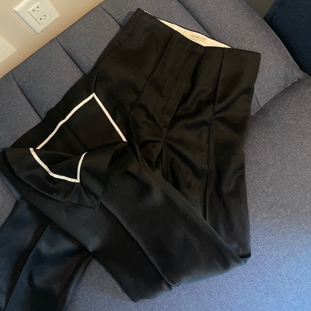 Celine wool trousers suit pants capris wide legs black ankle-slit, size 36